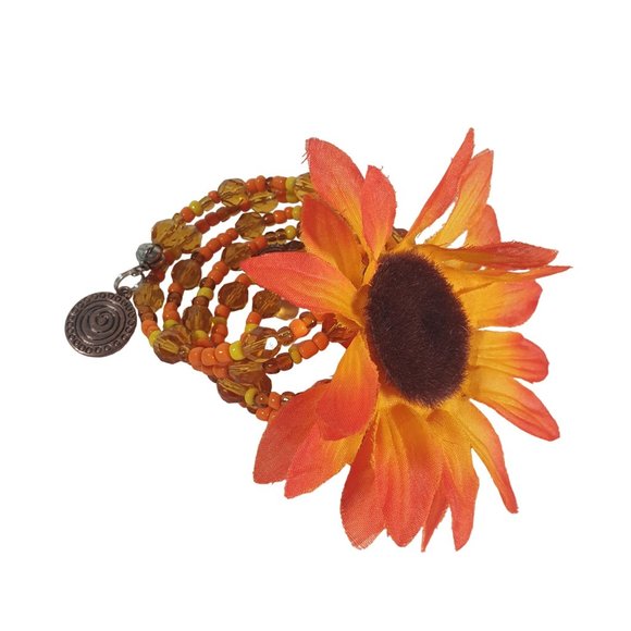 Orange Daisy Coil Wire Wrap Beaded Women Boho Floral Bracelet Fashion Jewelry - Picture 5 of 8